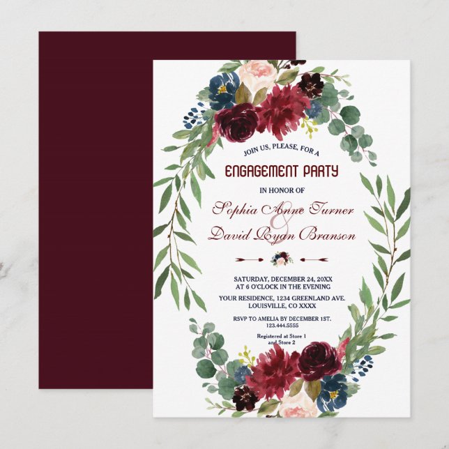 Merlot Navy Blue Floral Bloom Engagement Party Einladung (Vorne/Hinten)