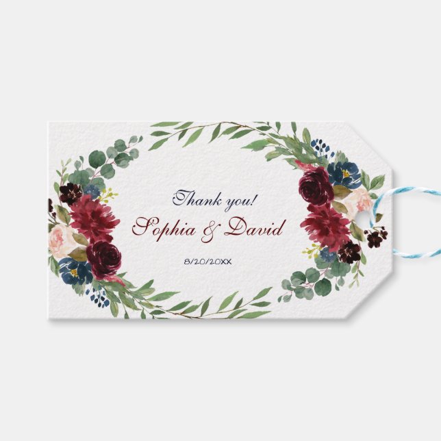 Merlot Navy Blue Floral Bloom Hochzeit Geschenkanhänger (Vorderseite (Horizontal))