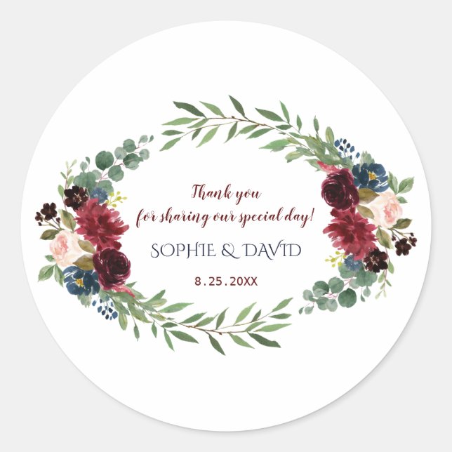 Merlot Navy Blue Floral Bloom Hochzeit Runder Aufkleber (Vorderseite)