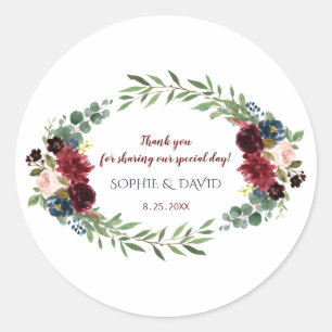 Merlot Navy Blue Floral Bloom Hochzeit Runder Aufkleber