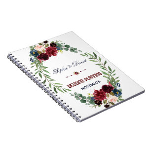 Merlot Navy Blue Floral Bloom Hochzeitsplaner Notizblock