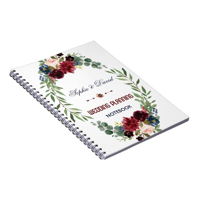 Merlot Navy Blue Floral Bloom Hochzeitsplaner Notizblock (Rechte Seite)