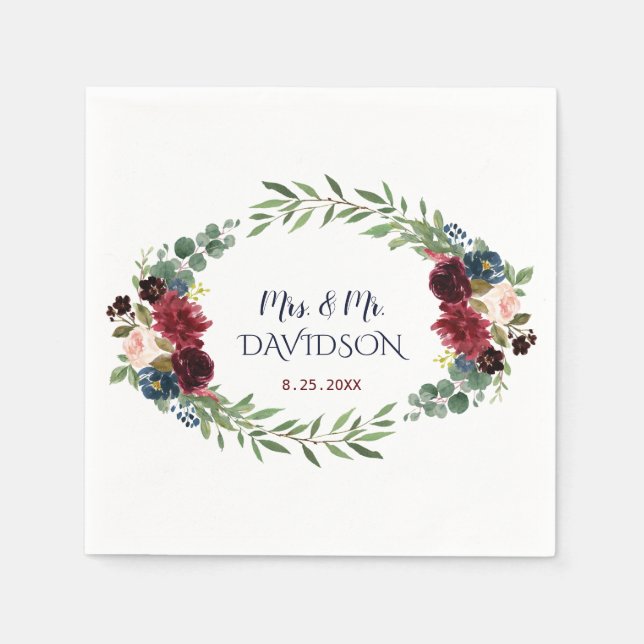 Merlot Navy Blue Floral Bloom Hochzeitsplaner Serviette (Vorderseite)