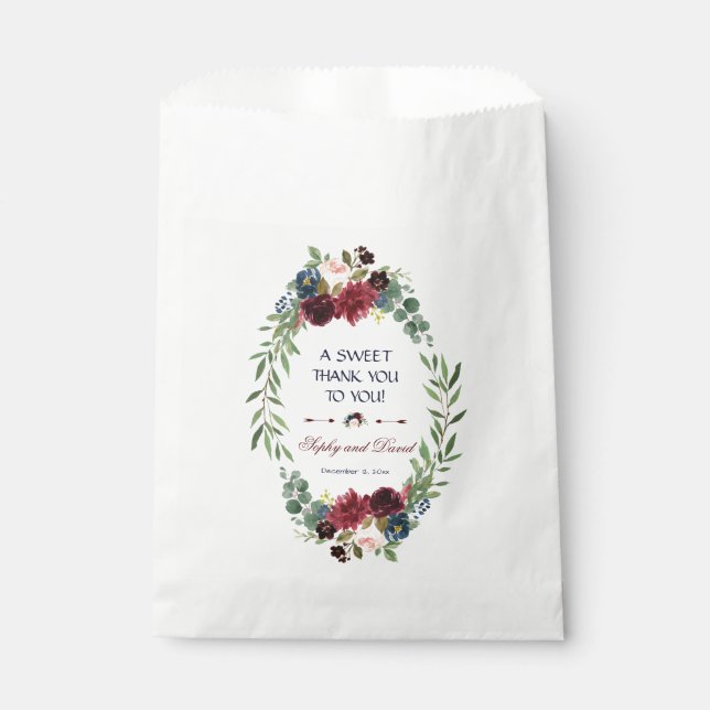Merlot Navy Blue Floral Bloom Wedding DANKE Geschenktütchen (Vorderseite)