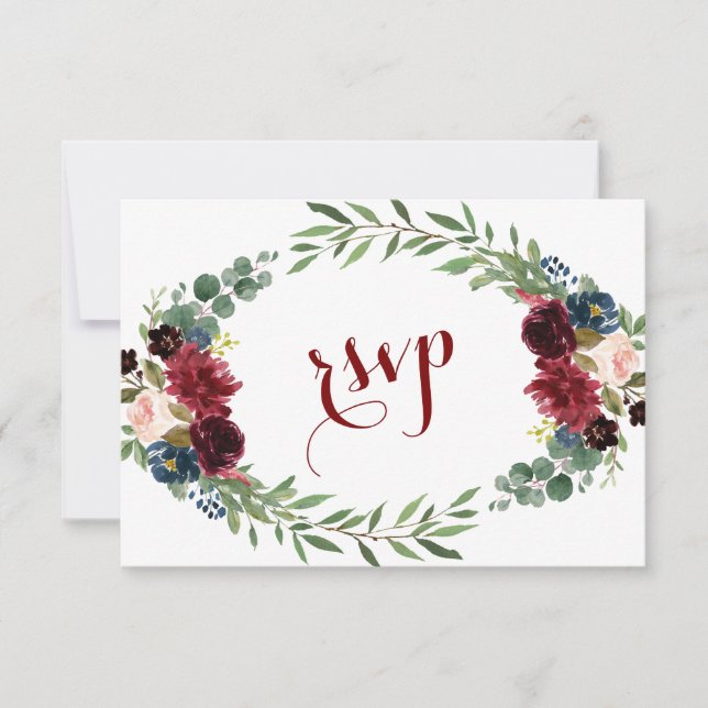 Merlot Navy Blue Floral Bloom Wedding RSVP (Vorderseite)