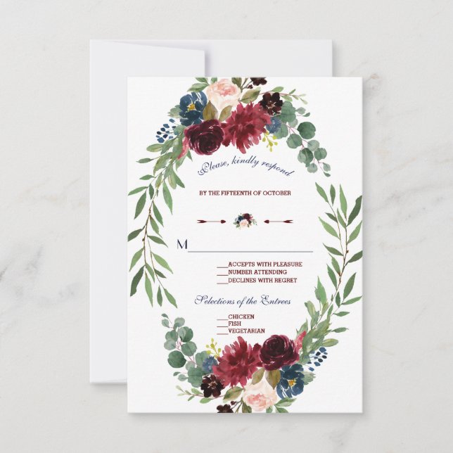 Merlot Navy Blue Floral Bloom Wedding RSVP (Vorderseite)