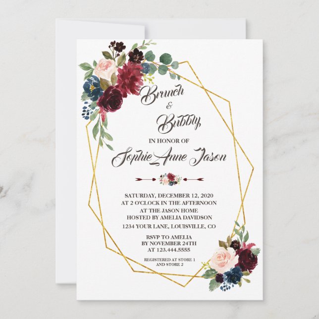 Merlot Navy Blue Floral Gold Frame Brautparty Einladung (Vorderseite)
