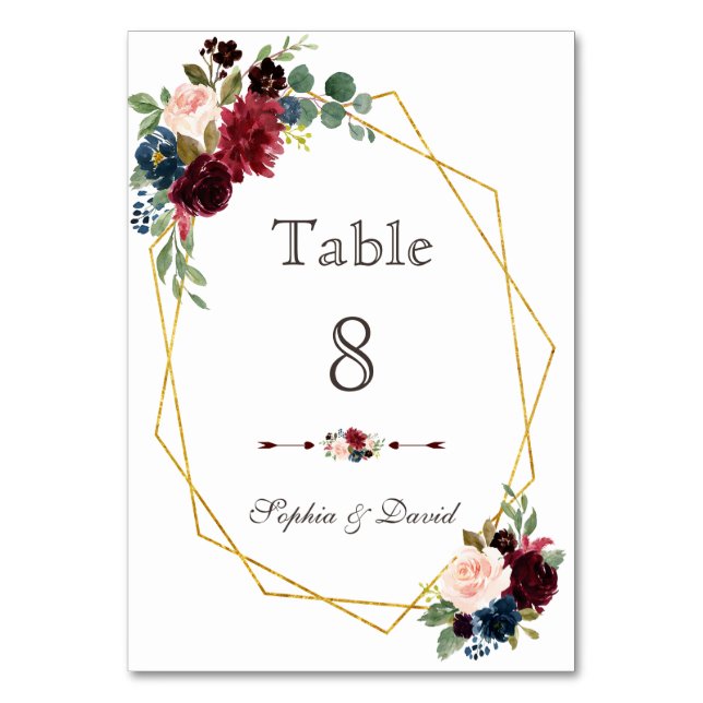 Merlot Navy Blue Floral Gold Frame Tischnummer (Vorderseite)