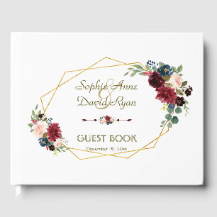 Merlot Navy Blue Floral Gold Rahmen Hochzeit Gästebuch