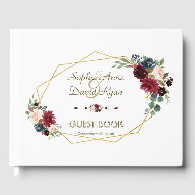 Merlot Navy Blue Floral Gold Rahmen Hochzeit Gästebuch (Vorderseite)
