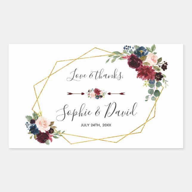 Merlot Navy Blue Floral Gold Rahmen Hochzeit Rechteckiger Aufkleber (Vorderseite)