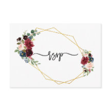 Merlot Navy Blue Floral Gold Rahmen Hochzeit RSVP