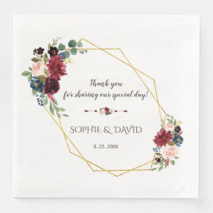 Merlot Navy Blue Floral Gold Rahmen Hochzeit Serviette