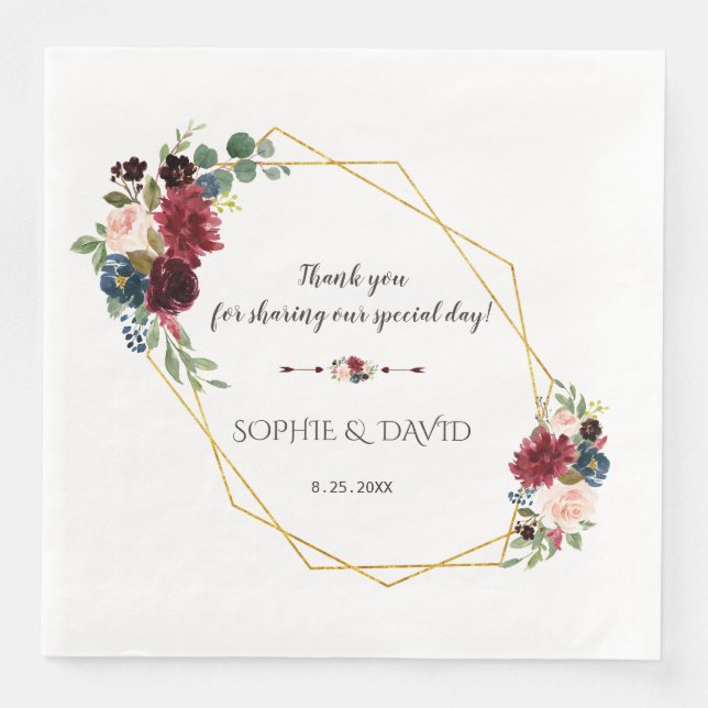 Merlot Navy Blue Floral Gold Rahmen Hochzeit Serviette (Vorderseite)