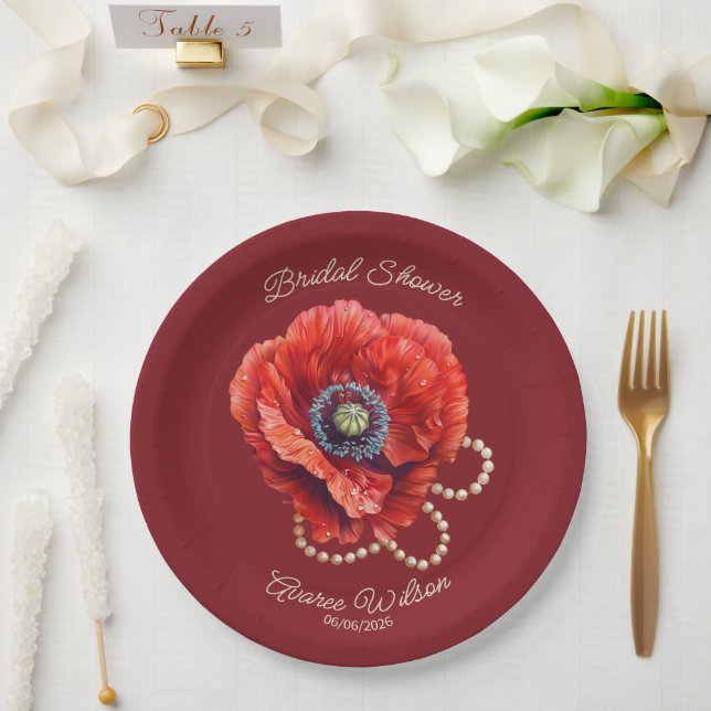 Merlot Red mit Riesenrot-Mohn-Brautparty Pappteller (Hochzeit)