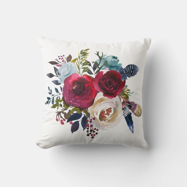 Merlot und Navy Wasserfarbe Blumenkissen Kissen (Vorderseite)