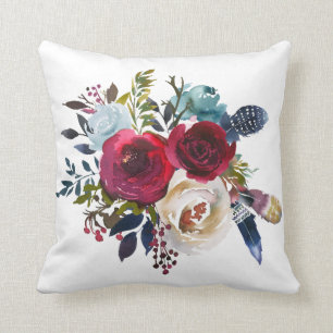 Merlot und Navy Wasserfarbe Blumenkissen Kissen