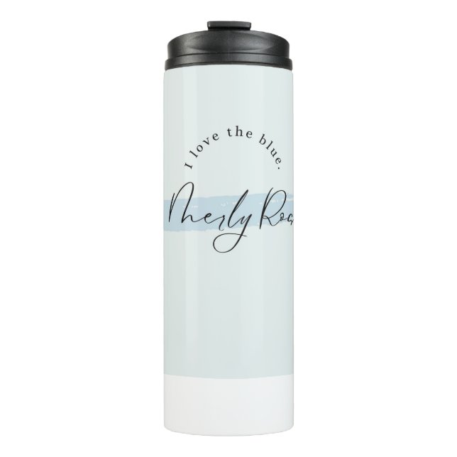 Merly Rose – minimalistisches blaues Pinselstrich- Thermosbecher (Vorderseite)