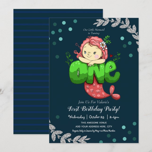 Mermaid 1. Geburtstag Niedlich Pink Einladung (Vorne/Hinten)