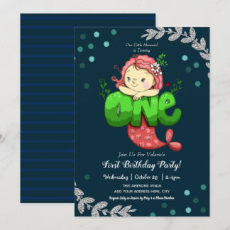 Mermaid 1. Geburtstag Niedlich Pink Einladung