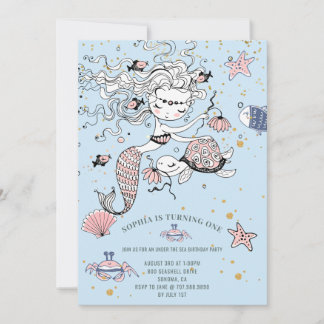Mermaid 1. Geburtstag Party Blauer Einladung