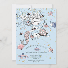 Mermaid 1er Anniversaire Fête Bleue Invitation