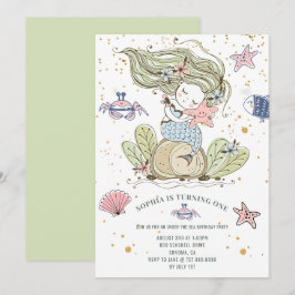 Mermaid 1er anniversaire fête Green Invitation