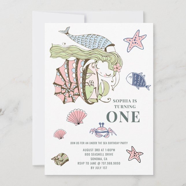 Mermaid 1er Anniversaire Fête Invitation (Devant)
