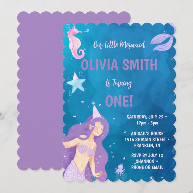 Mermaid 1er Anniversaire Fête Invitation (Devant / Derrière)