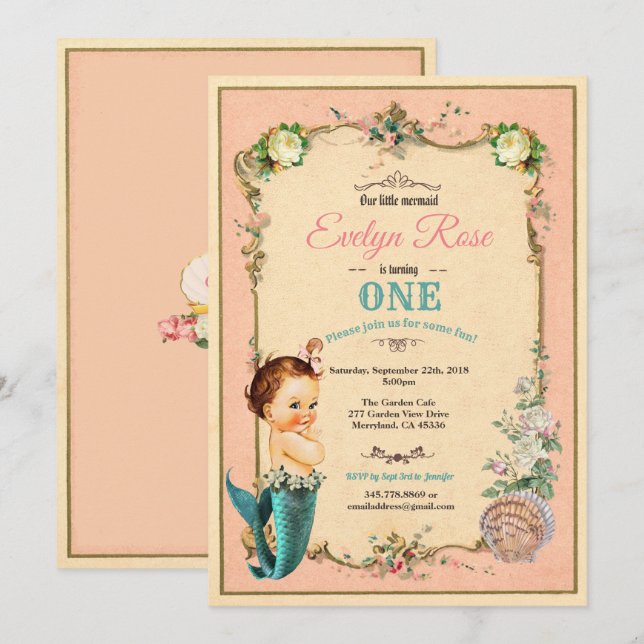 Mermaid 1er anniversaire invitation rose (Devant / Derrière)
