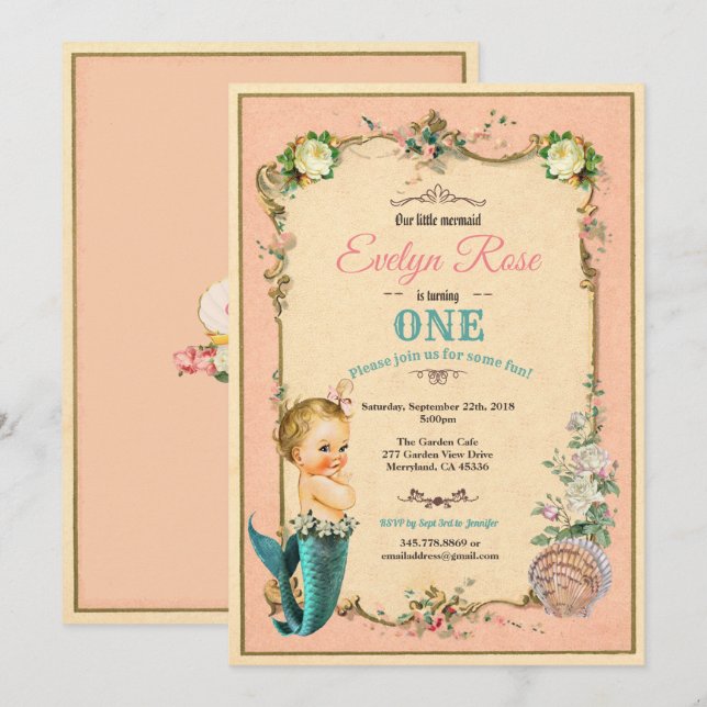 Mermaid 1er anniversaire invitation rose (Devant / Derrière)