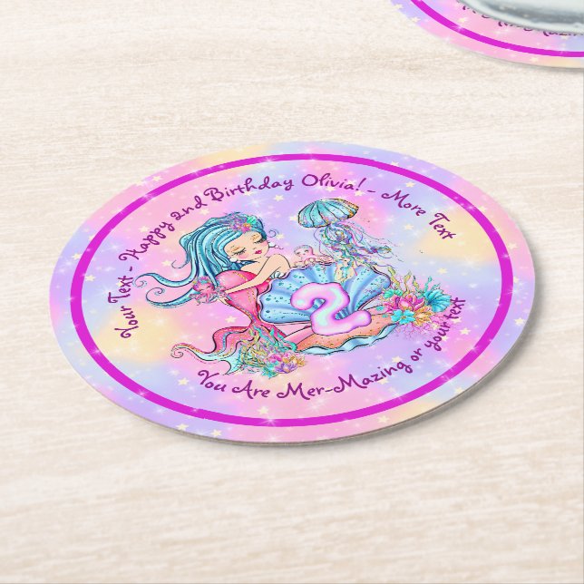 Mermaid 2. Geburtstag Ändern Text anpassen Runder Pappuntersetzer (Angewinkelt)