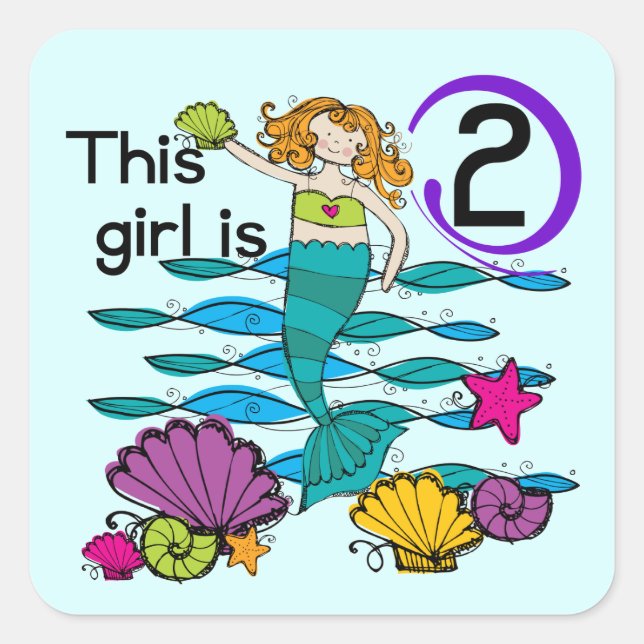 Mermaid 2. Geburtstag Tshirts und Geschenke Quadratischer Aufkleber (Vorderseite)