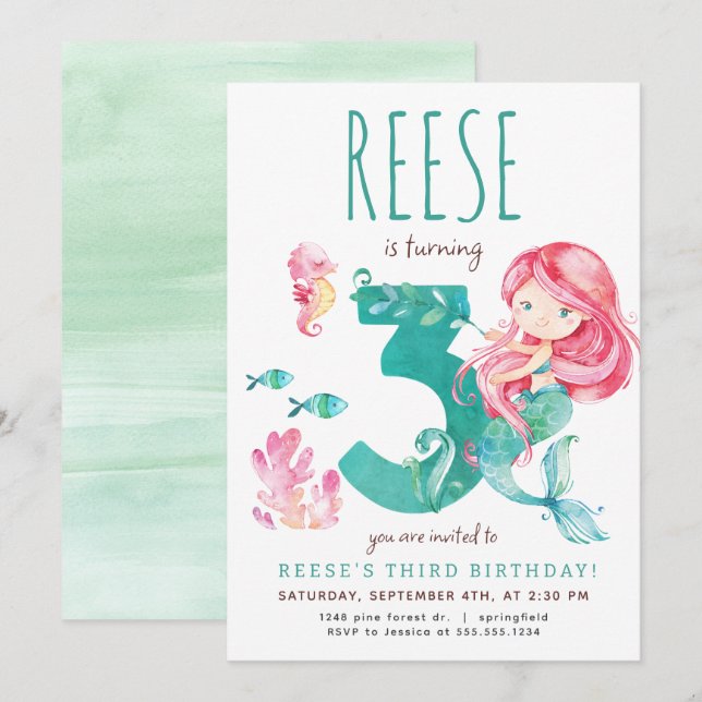 Mermaid 3. Geburtstag Einladung (Vorne/Hinten)