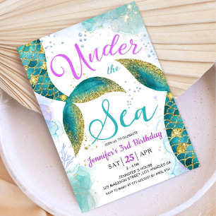 Mermaid 3. Geburtstag Lila Aquamarin unter Meer Einladung