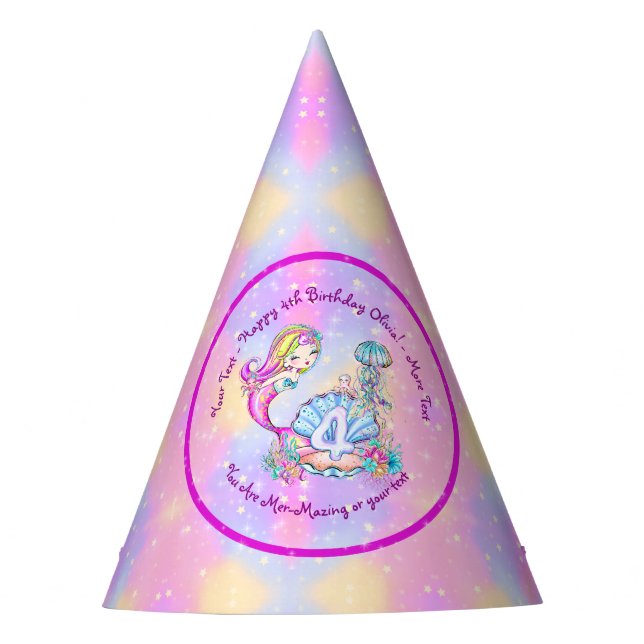 Mermaid 4. Geburtstag Ändern Text anpassen Partyhütchen (Vorderseite)