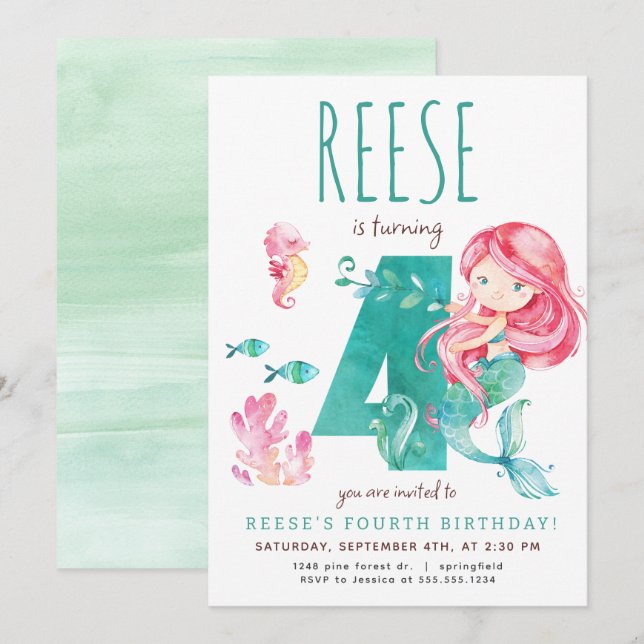 Mermaid 4. Geburtstag Einladung (Vorne/Hinten)