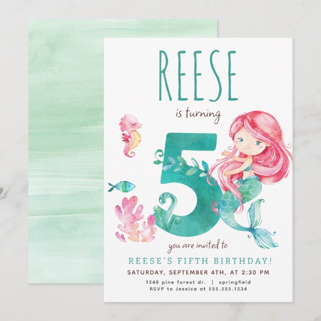 Mermaid 5. Geburtstag Einladung (Vorne/Hinten)
