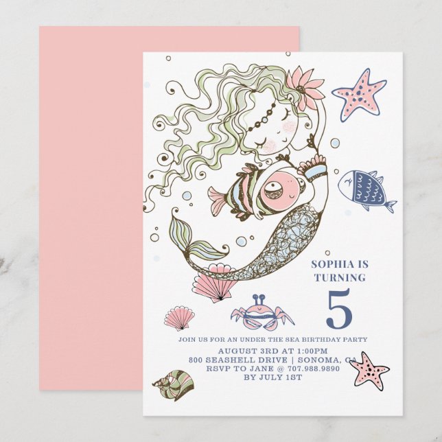 Mermaid 5e anniversaire fête Invitation (Devant / Derrière)