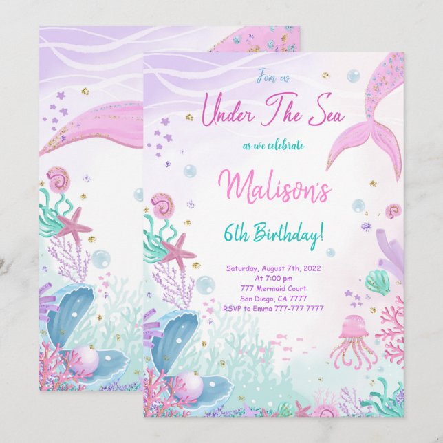 Mermaid 6. Geburtstag Einladung (Vorne/Hinten)