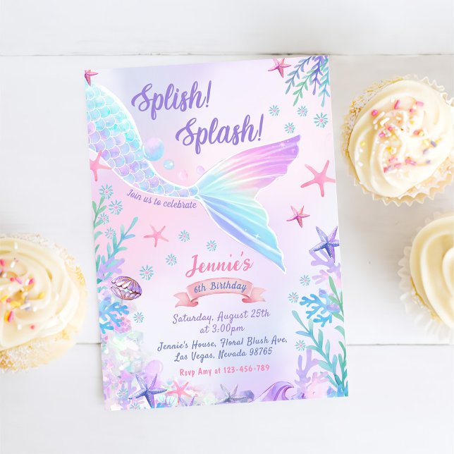 Mermaid 6. Geburtstag Girl Splish Splash Party Einladung (Von Creator hochgeladen)
