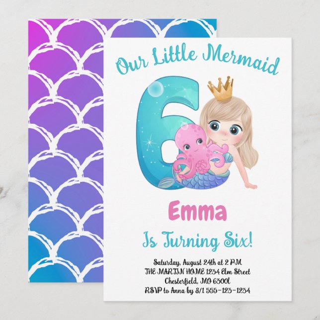 Mermaid 6e anniversaire Fête Invitation (Devant / Derrière)