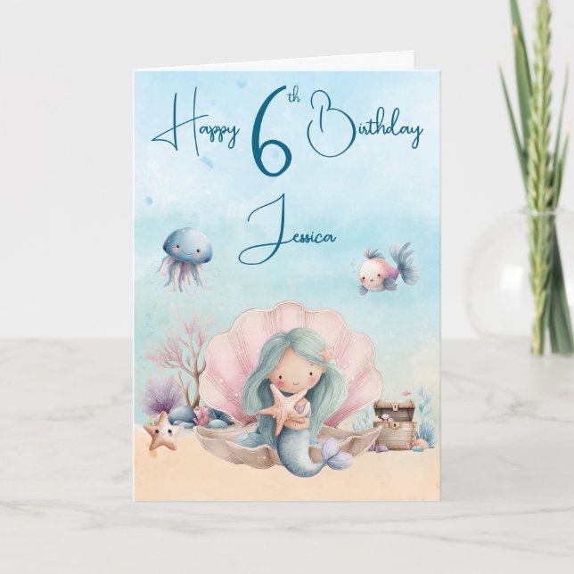 Mermaid 6th Birthday Folded Greeting Card Karte (Vorderseite)