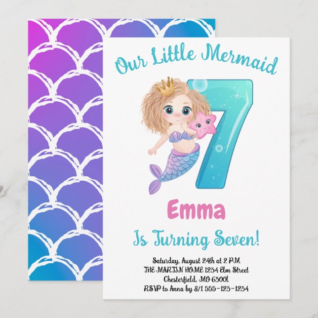 Mermaid 7e anniversaire Fête Invitation (Devant / Derrière)