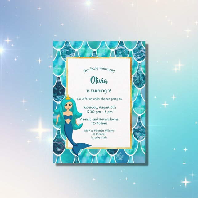 Mermaid 9e anniversaire invitation turquoise (Créateur téléchargé)