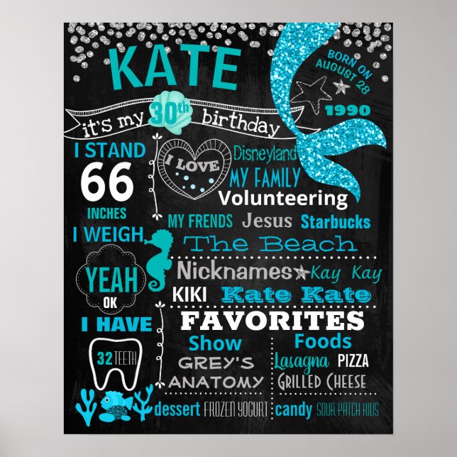 Mermaid Adult Birthday Chalkboard-Zeichen Poster (Vorne)