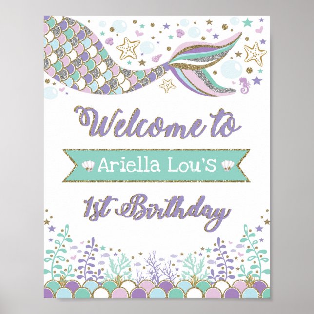 Mermaid Affiche de bienvenue 1er anniversaire Déco (Devant)