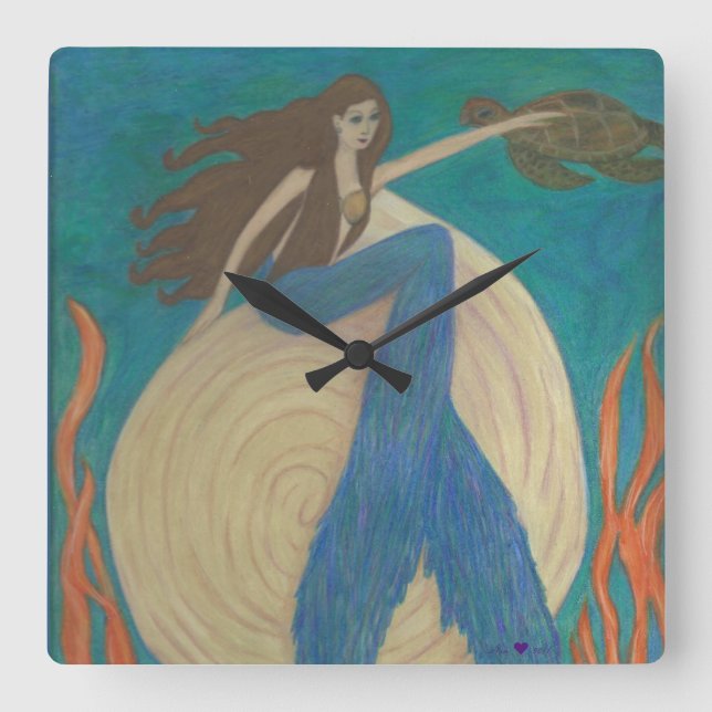 Mermaid and Turtle Wall Clock Quadratische Wanduhr (Vorderseite)