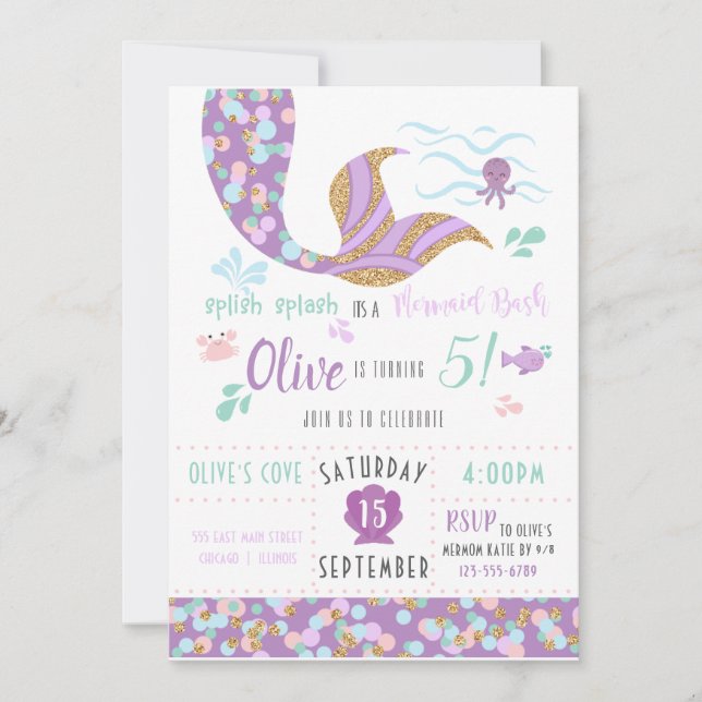 Mermaid Anniversaire Fête Invitation Purple & Gold (Devant)