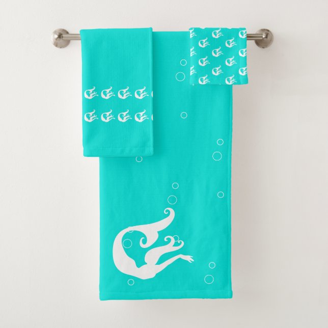 Mermaid Aqua Aquamarin Blue und White Badhandtuch Set (Insitu)
